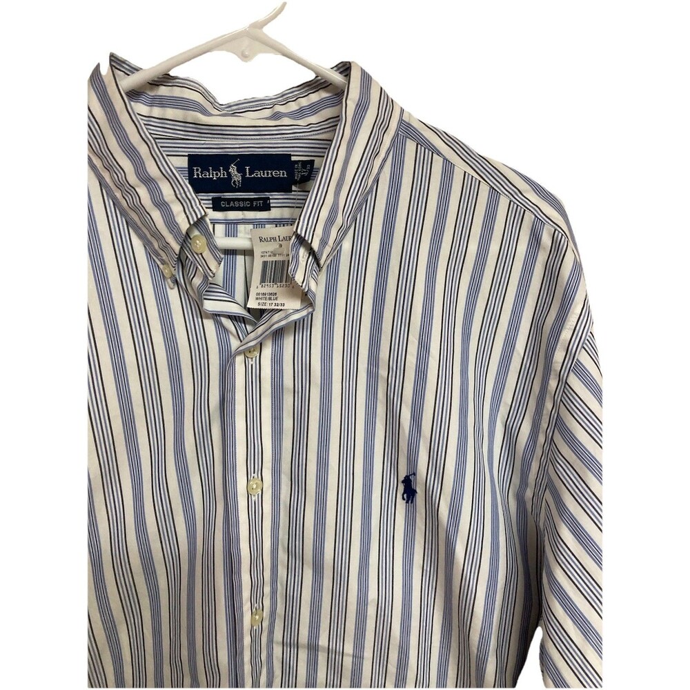 Men's VTG Ralph Lauren Classic Fit Dress Shirt LS Striped Blue Sz 17 32/33 NWT
